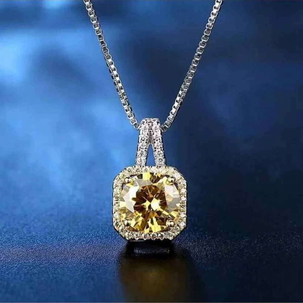 Sterling Silver 925 Citrine Halo Pendant Necklace